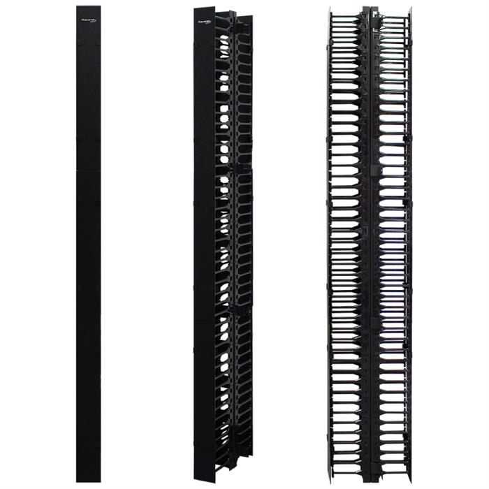 Wavenet – Double‐Sided Vertical Cable Manager - Finger Duct with Cover for 45U or Larger 2‐Post and 4‐Post Racks, 78” Height, Plastic – Black