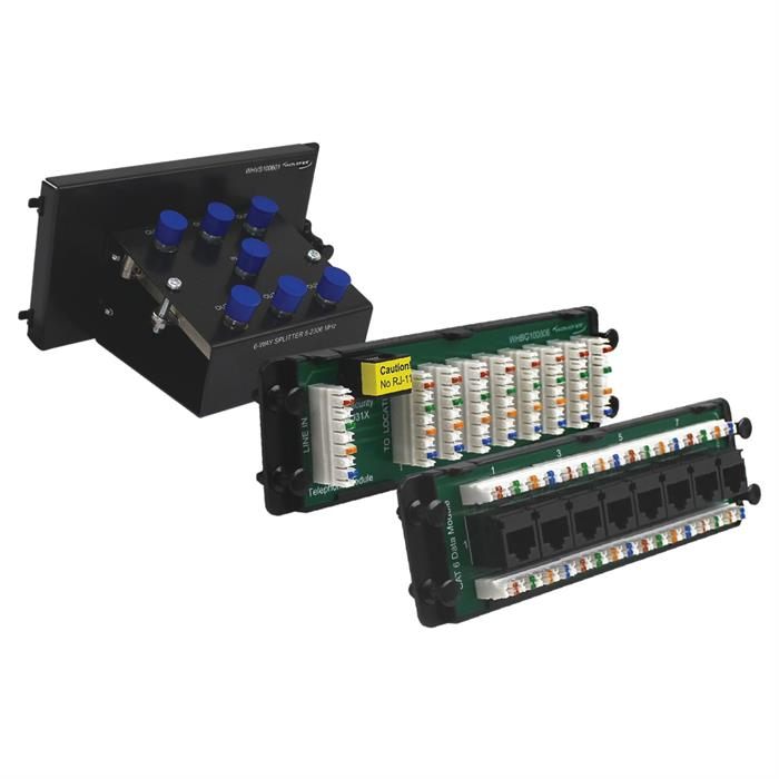 Wavenet – Trio Combo Module Kit with 8x1 Cat6 Data, 8x1 110 IDC Telephone with RJ31x port, 6x1 F-Type Video Splitter for Structured Wiring Enclosure